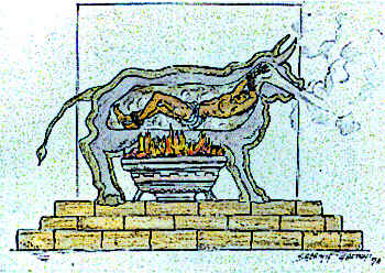 The Victim was heated alive inside the Brazen Bull - Click to Enlarge Image Brazen Bulll Torture Device