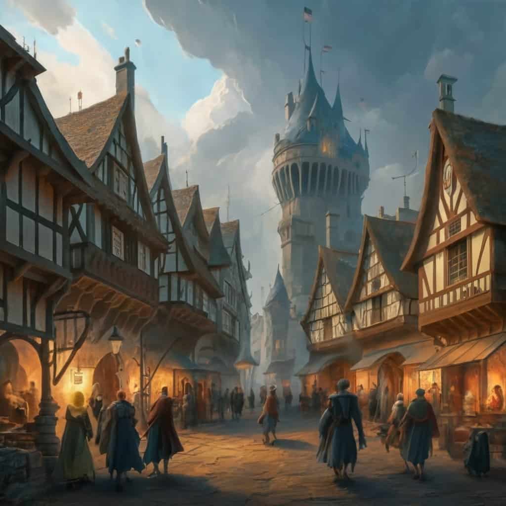 a busy tudor town in the medieval period dark f