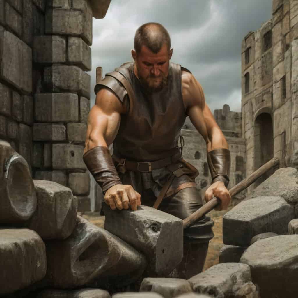 Castle Towers: Medieval Defenses, Designs & Uses 4 a medieval stone mason building the foundations 1