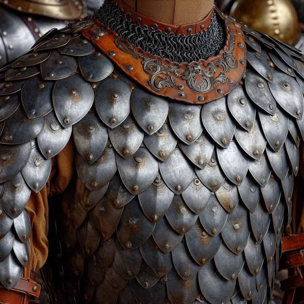 Scale Armor: Overlapping Metal Protection in Medieval Warfare 2 Medieval scale armor with overlapping metal plates sewn onto a leather backing for body protection.