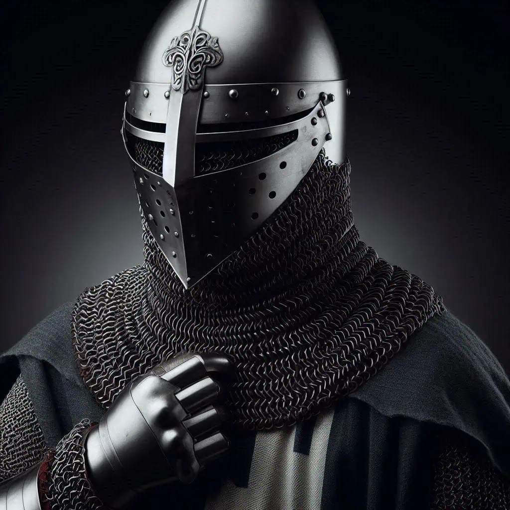 Chainmail Coif: Essential Head Protection for Medieval Warriors 2 Medieval chainmail coif covering a warrior’s head and shoulders, worn beneath a helmet. (4)