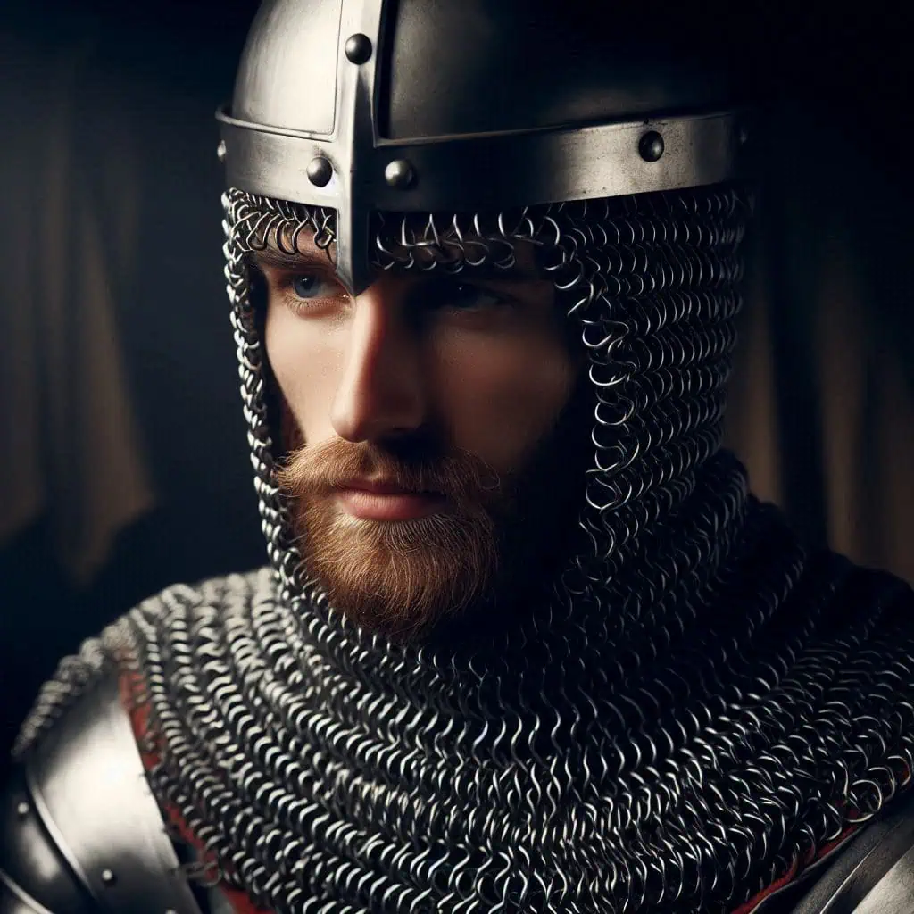Chainmail Coif: Essential Head Protection for Medieval Warriors 1 Medieval chainmail coif covering a warrior’s head and shoulders, worn beneath a helmet.