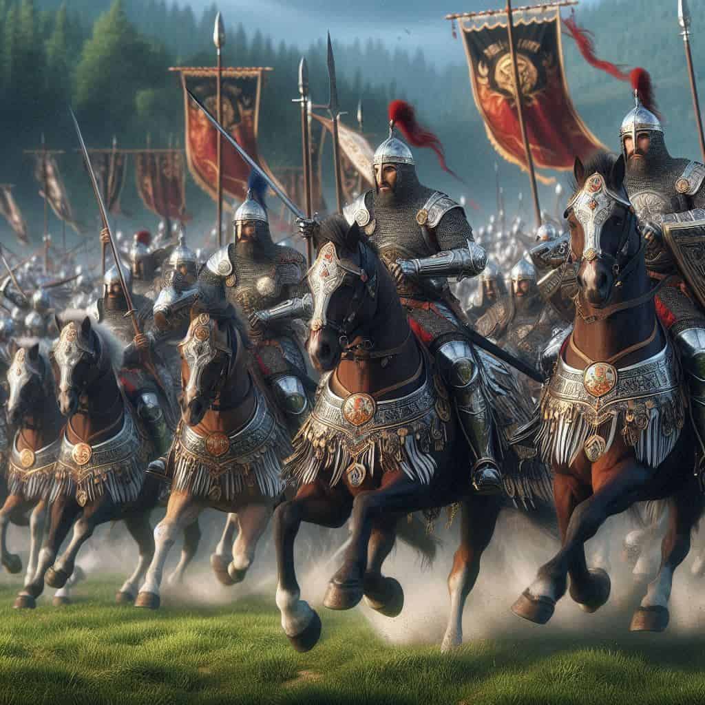 Byzantine Armour: Eastern Roman Military Protection Through the Ages 1 Byzantine cataphract cavalry in full armour riding into battle with lances and shields.