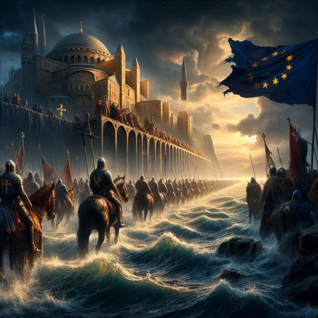 Unveiling the Crusades: Top 10 Must-See Historical Crusader Sites in Europe 1 Stone Crusader castle ruins on a hilltop in Europe at sunrise with medieval flags flying