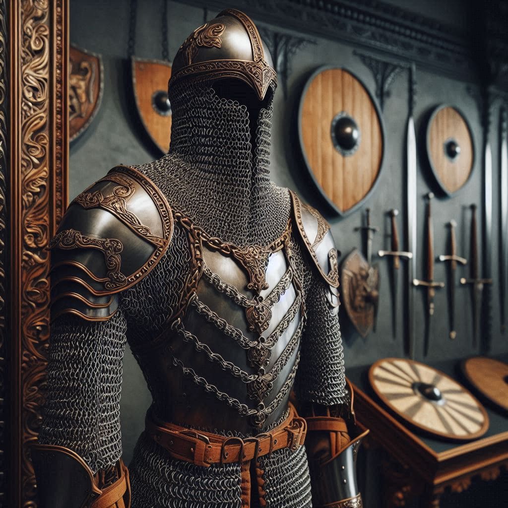 Chainmail Armor: Flexible Medieval Protection Made of Interlocking Rings 1 Close-up of medieval chainmail armor made of interlocking metal rings worn for flexible protection.