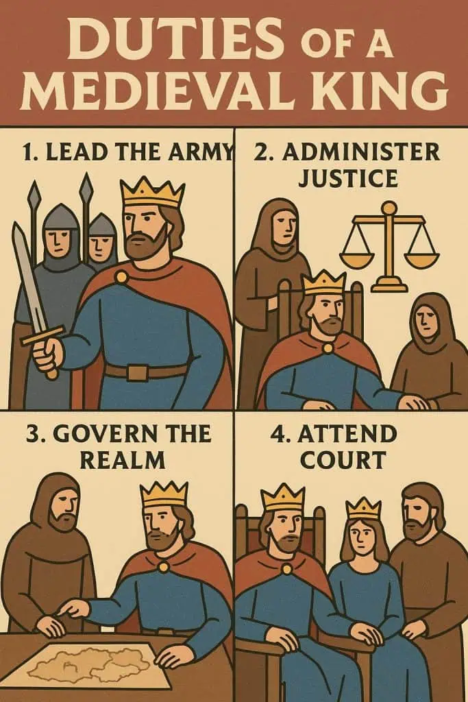 The Role and Life of a Medieval King: Power, Duties, and Daily Life 1 main duties of a medieval king infographic