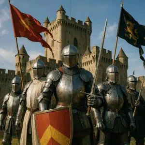 medieval knights in front of castle defending a castle from attack during a siege