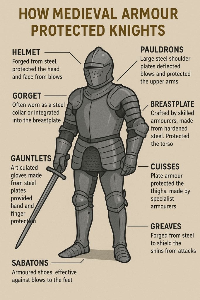 Knightly Protection: How Medieval Armour Safeguarded Warriors 1 medieval armour that protected knights parts listed in an infographic