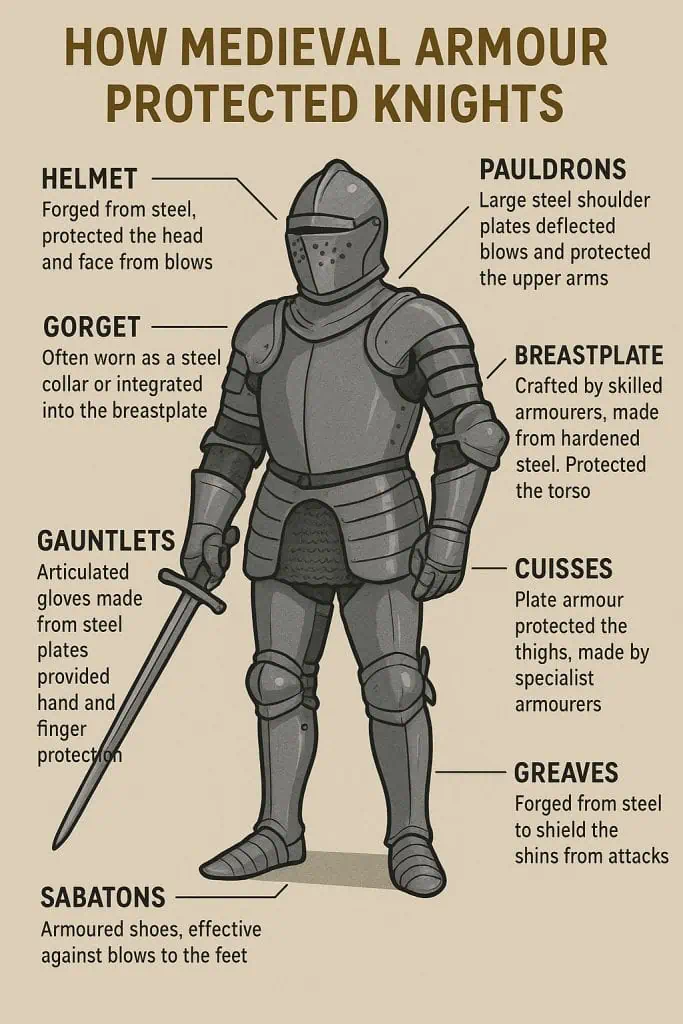 medieval armour that protected knights parts listed in an infographic
