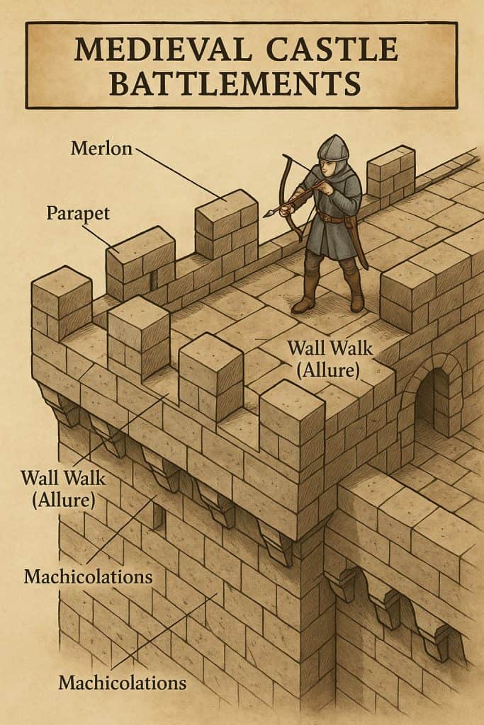 Medieval Castle Parts: Architecture, Structure, and Defense 17 medieval castle battlements infographic