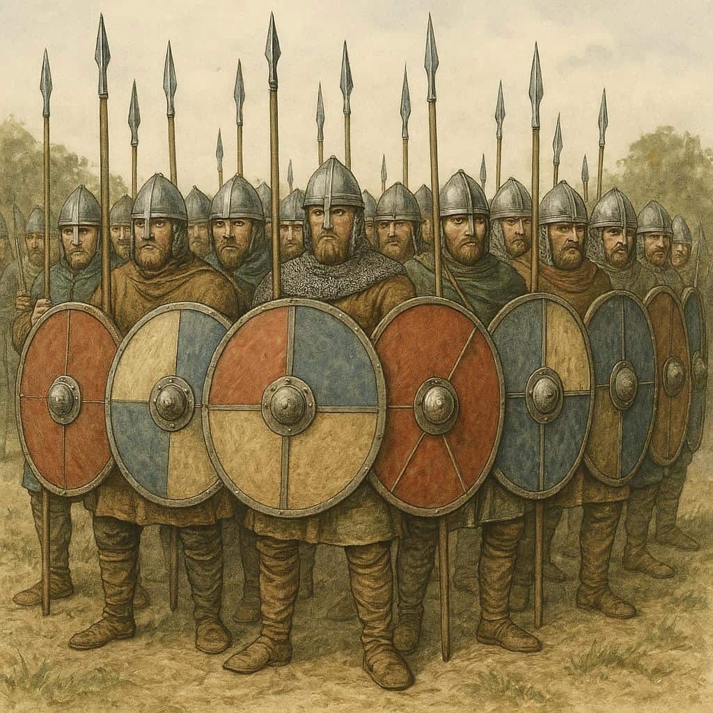Anglo-Saxon Shields: The Backbone of Early Medieval Warfare 🛡️ 3 soldiers in anglo saxon shield wall formation