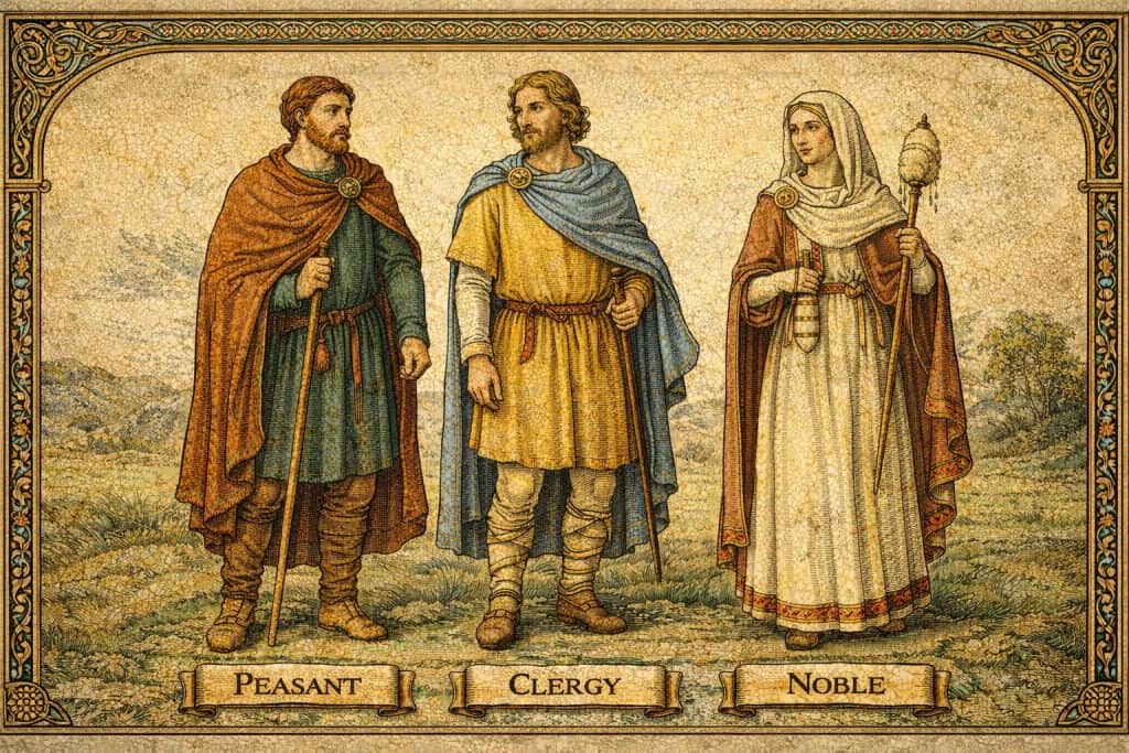Early medieval clothing illustration showing simple tunics and cloaks influenced by Roman and Germanic styles
