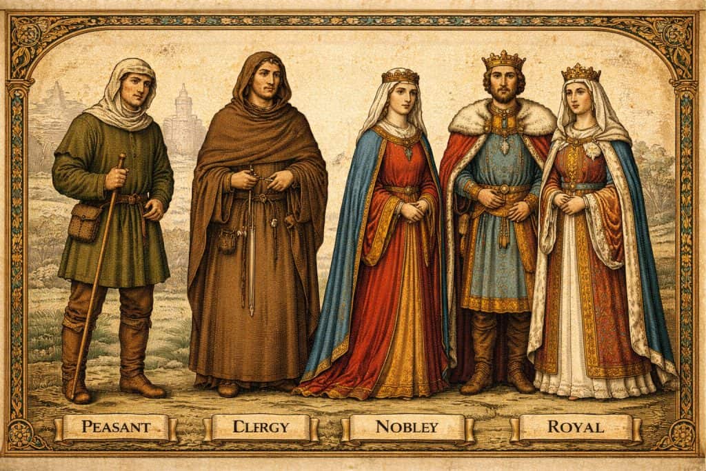 High medieval figures wearing more structured tunics and cloaks, showing clearer class differentiation