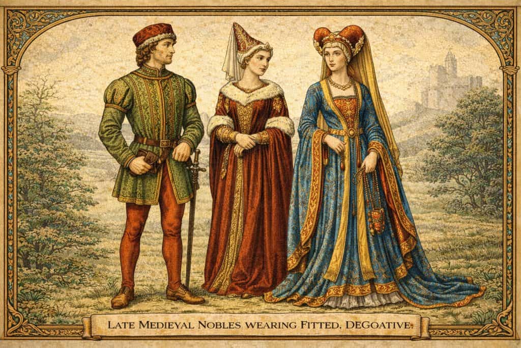 Late medieval nobles wearing fitted, decorative clothing demonstrating early fashion trends