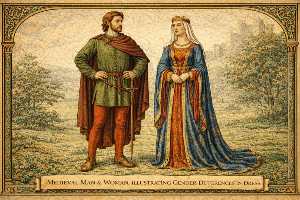 Medieval man and woman shown in period appropriate clothing to illustrate gender differences in dress
