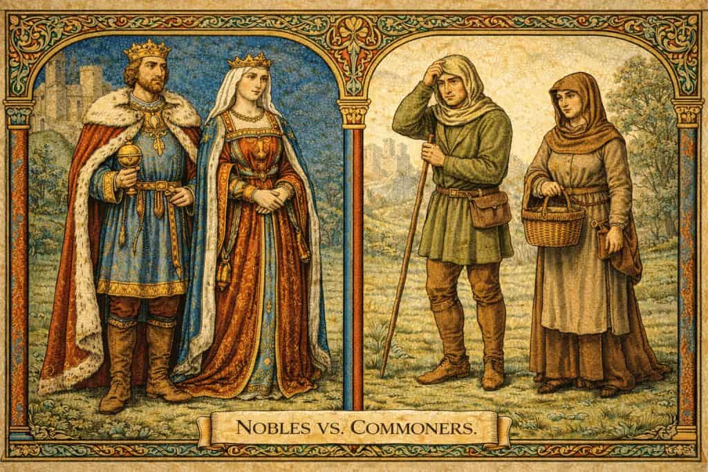 Medieval manuscript illustration depicting nobles in richly colored garments contrasted with plainly dressed commoners