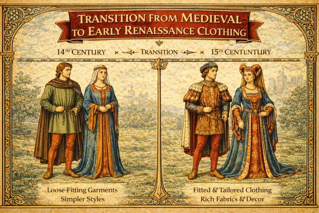 Timeline style illustration showing the transition from medieval to early Renaissance clothing