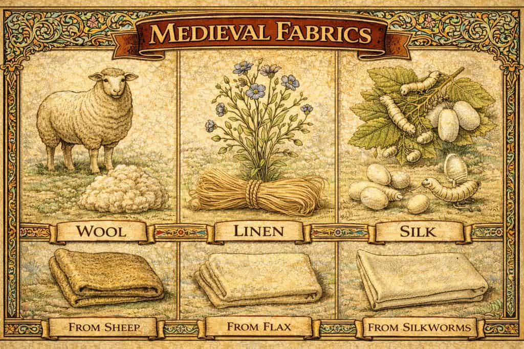 infographic showing medieval fabrics—wool, linen, silk—and the plants or animals they came from