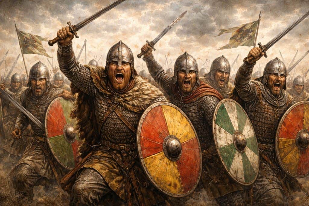 anglo saxon soldiers charging into battle with swords above their heads