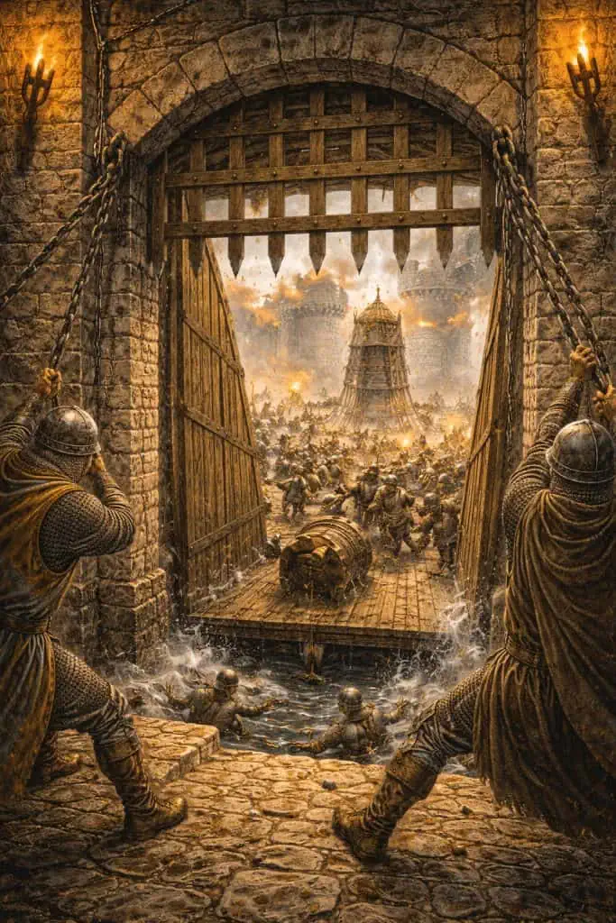 Portcullis: The Iron Gate That Guarded Medieval Castle Entrances 1 castke drawbridge under attack portcullis being lowered by castle defenders