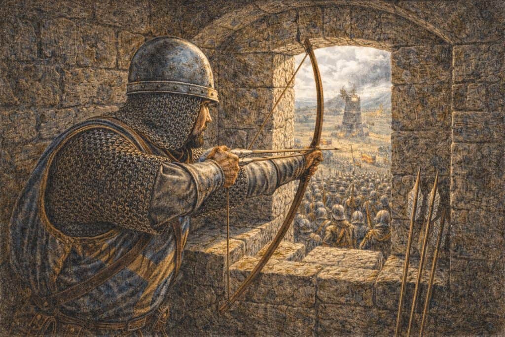 Castle Towers: Medieval Defenses, Designs & Uses 2 castle defender fires arrows from embrasure