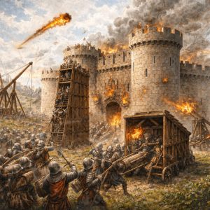castle under siege in flames