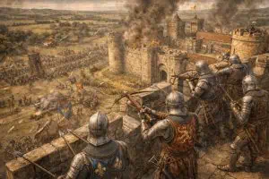 knights defending a castle with crossbows from castle battlements