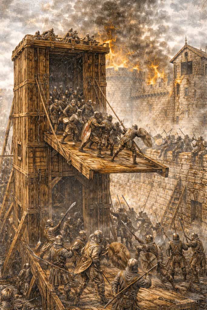 medieval soldiers attacking castle from a siege tower