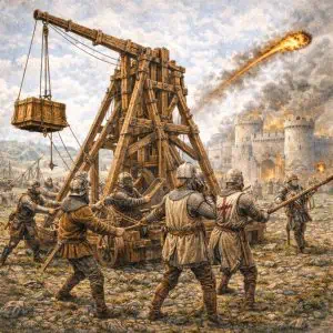 medieval soldiers working operating a medieval trebuchet during a siege