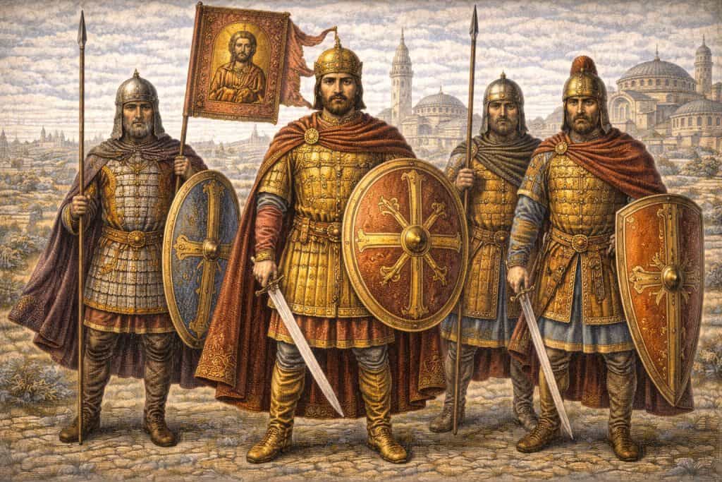 Byzantine Clothing: Fashion, Fabrics, Shoes, and Imperial Dress in the Byzantine Empire 3 byzantine soldiers in front of the city