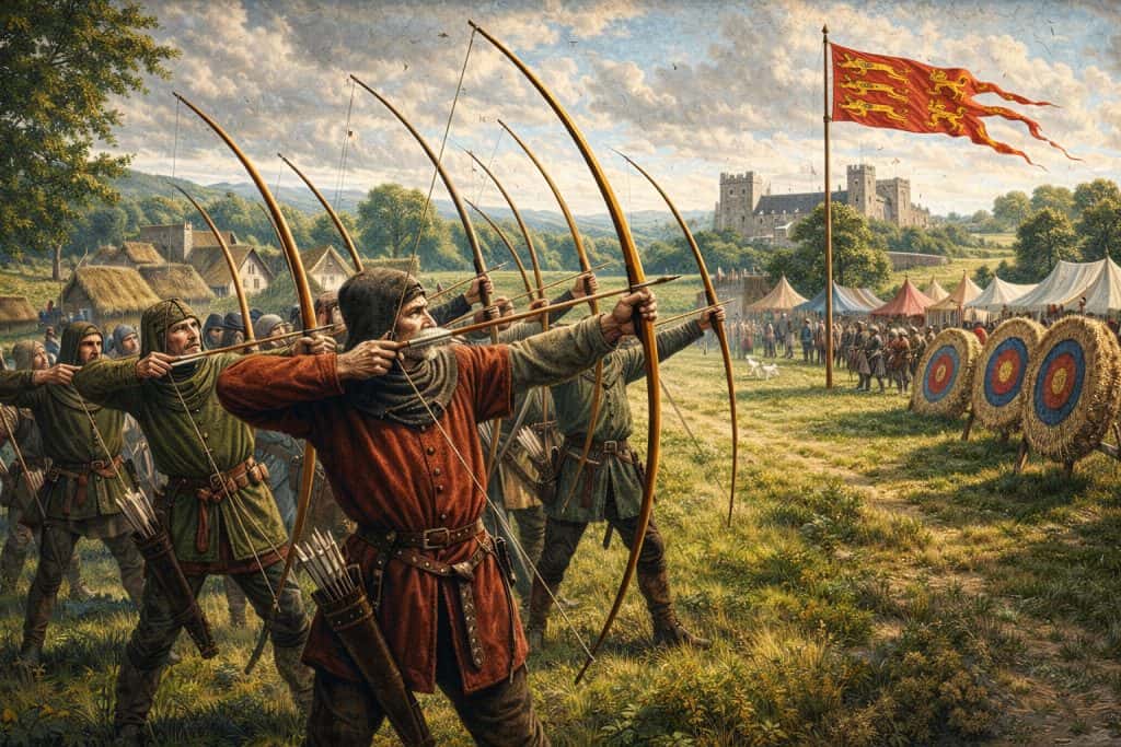Medieval Fighting Games: Tournaments, Jousting, Archery, Wrestling & Combat Sports 4 medieval archers practicing in a village