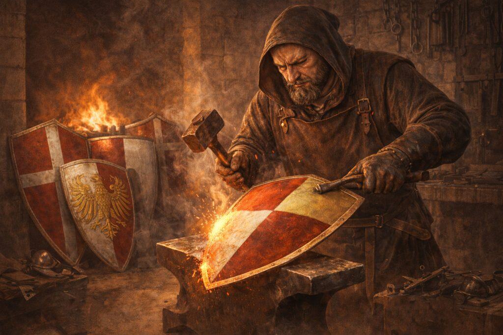 medieval armourer forging shields