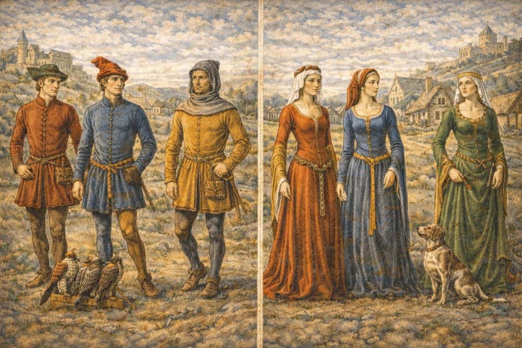 Anglo-Saxon Clothing: Garments, Materials, and Fashion in Early Medieval England 3 medieval nobles in colorful cotehardies