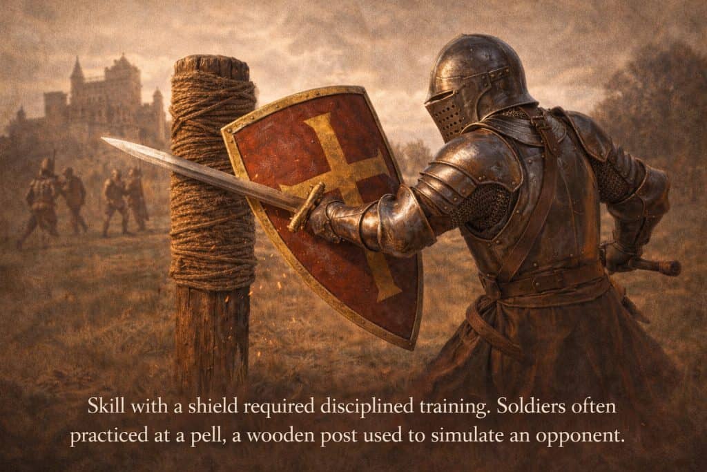 medieval soldier training at the pell a wooden post
