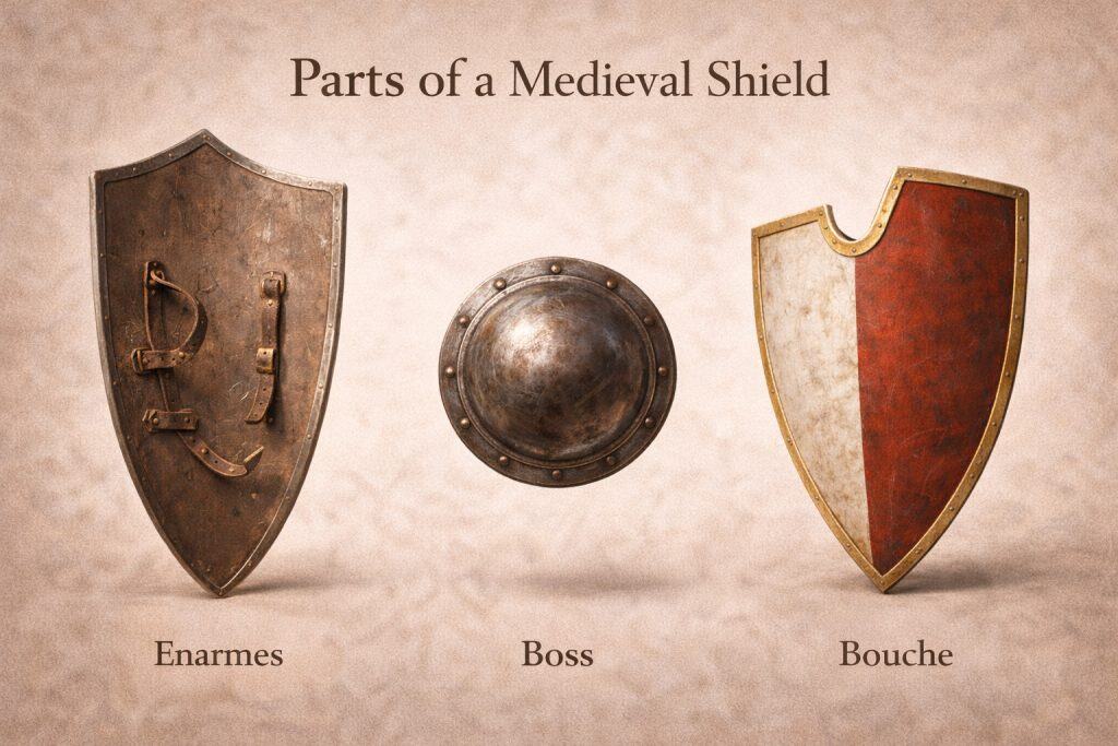 parts of medieval shield enarmes boss and bouche