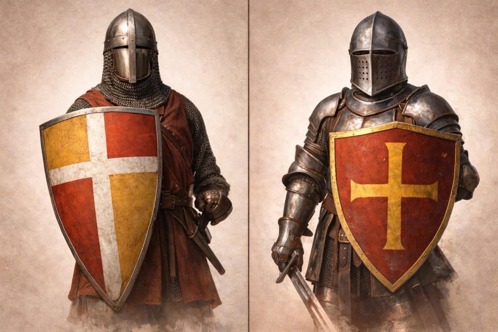 split image of a kite shield and a heater shield with a knight or soldier holding it